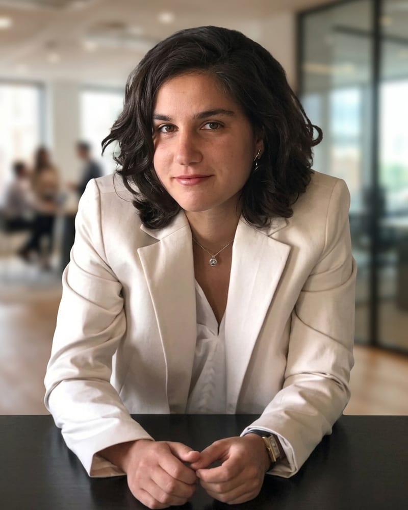 Sara Ruozzo in a cream jacket, leaning on a dark table in an open office